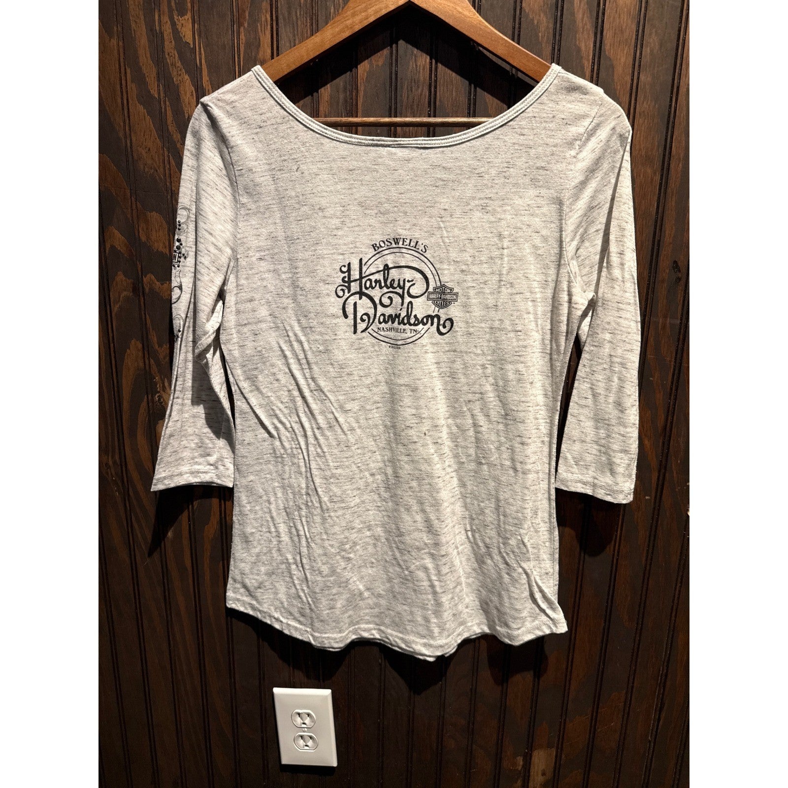 Harley Davidson Womens Gray Graphic Split Neck 3/4 Sleeve Rhinestone Top 19x25