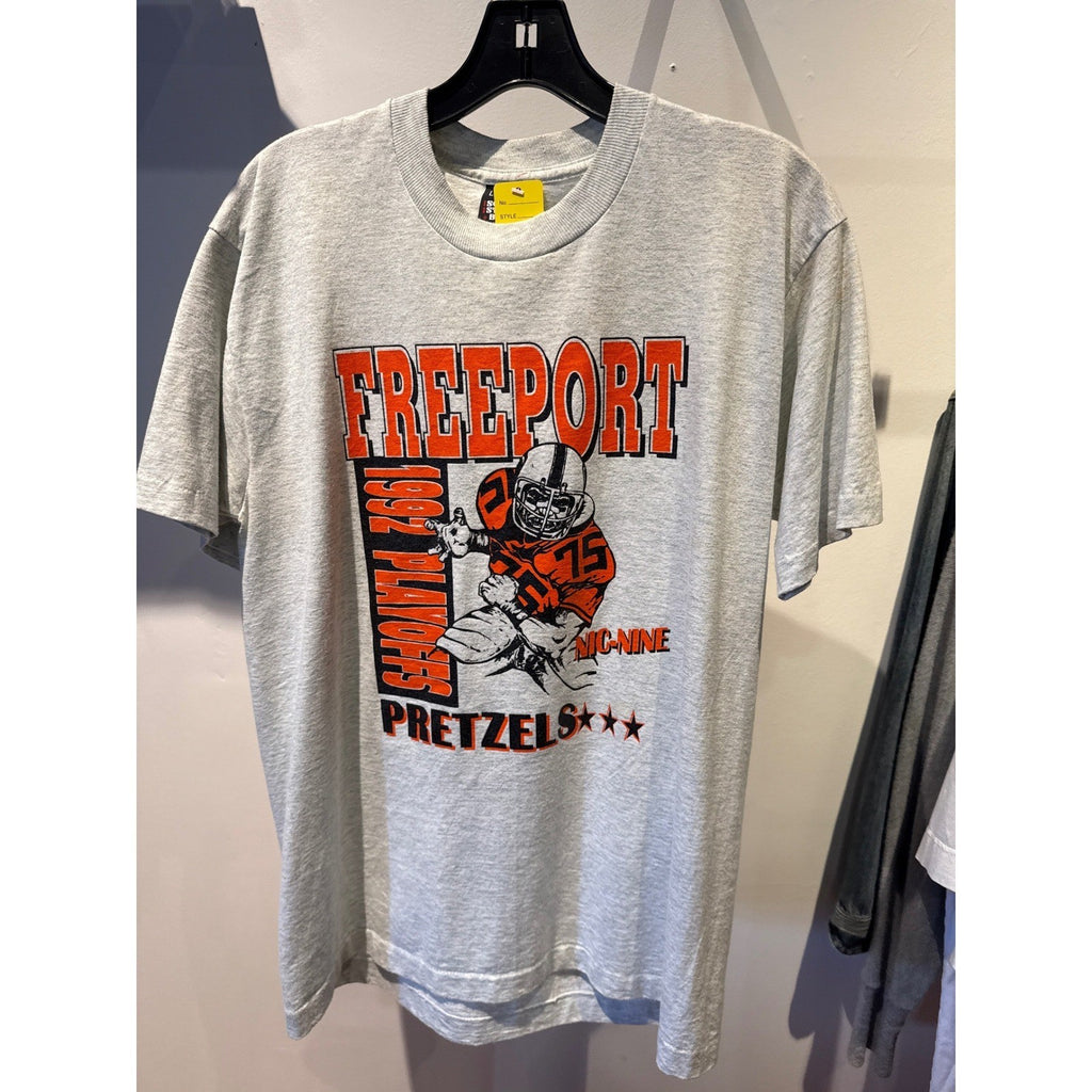 Vintage 1992 Freeport Pretzels Football Playoffs T-Shirt Grey Signal Sport XL