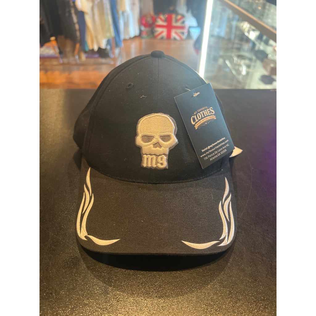 Black Skull M9 Embroidered Baseball Cap White Flame Brim Biker Hat Adjustable