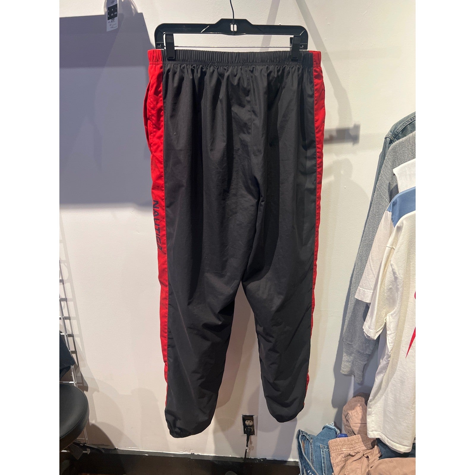 Nautica Competition Men Black Red Side Stripe Track Pants Windbreaker Nylon L