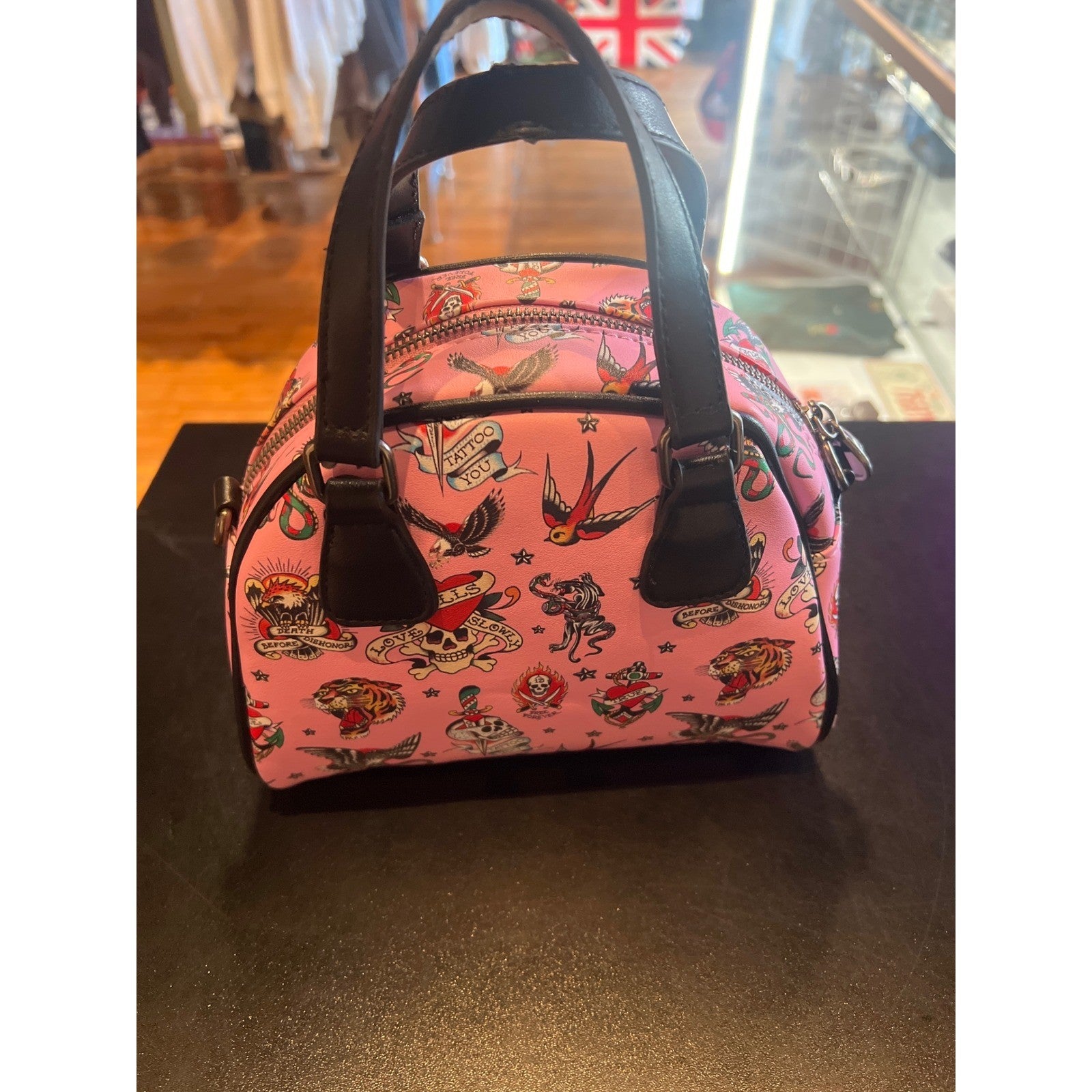 Ed Hardy Pink Tattoo Print Mini Bowler Bag Skull Hardware Y2K Satchel NEW