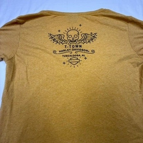 Harley Davidson Motorcycles Graphic T Shirt Womans XL Mustard Yellow Skull Wings