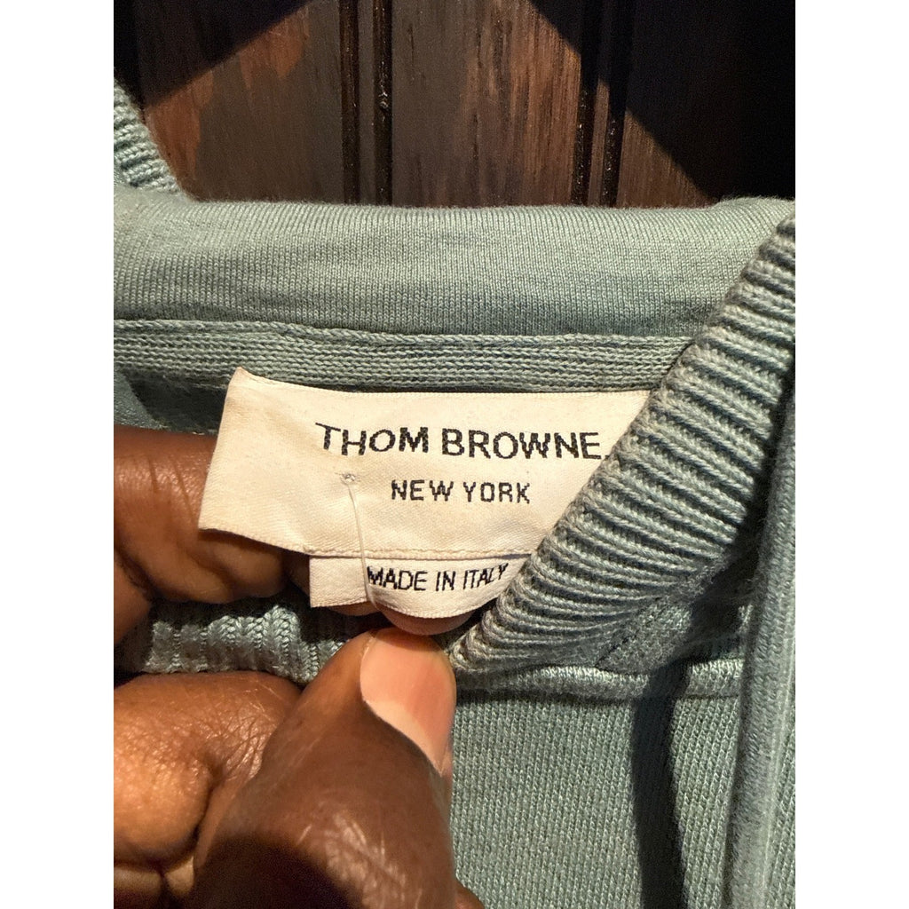 Thom Browne Light Blue Cotton Jersey Pullover Hoodie Name Tag Patch Mens XL