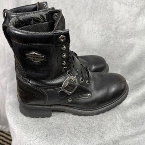 Harley Davidson Mens Black Leather Buckle Strap Motorcycle Boots Size 8 1/2