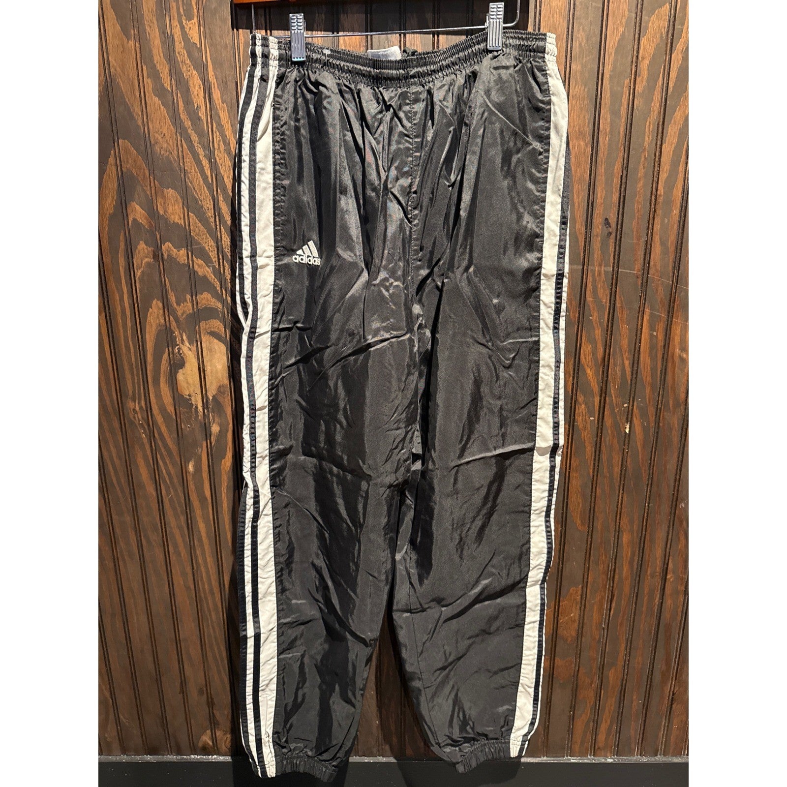 Vintage Adidas Track Pants Black White Striped Nylon Windbreaker Joggers Mens L