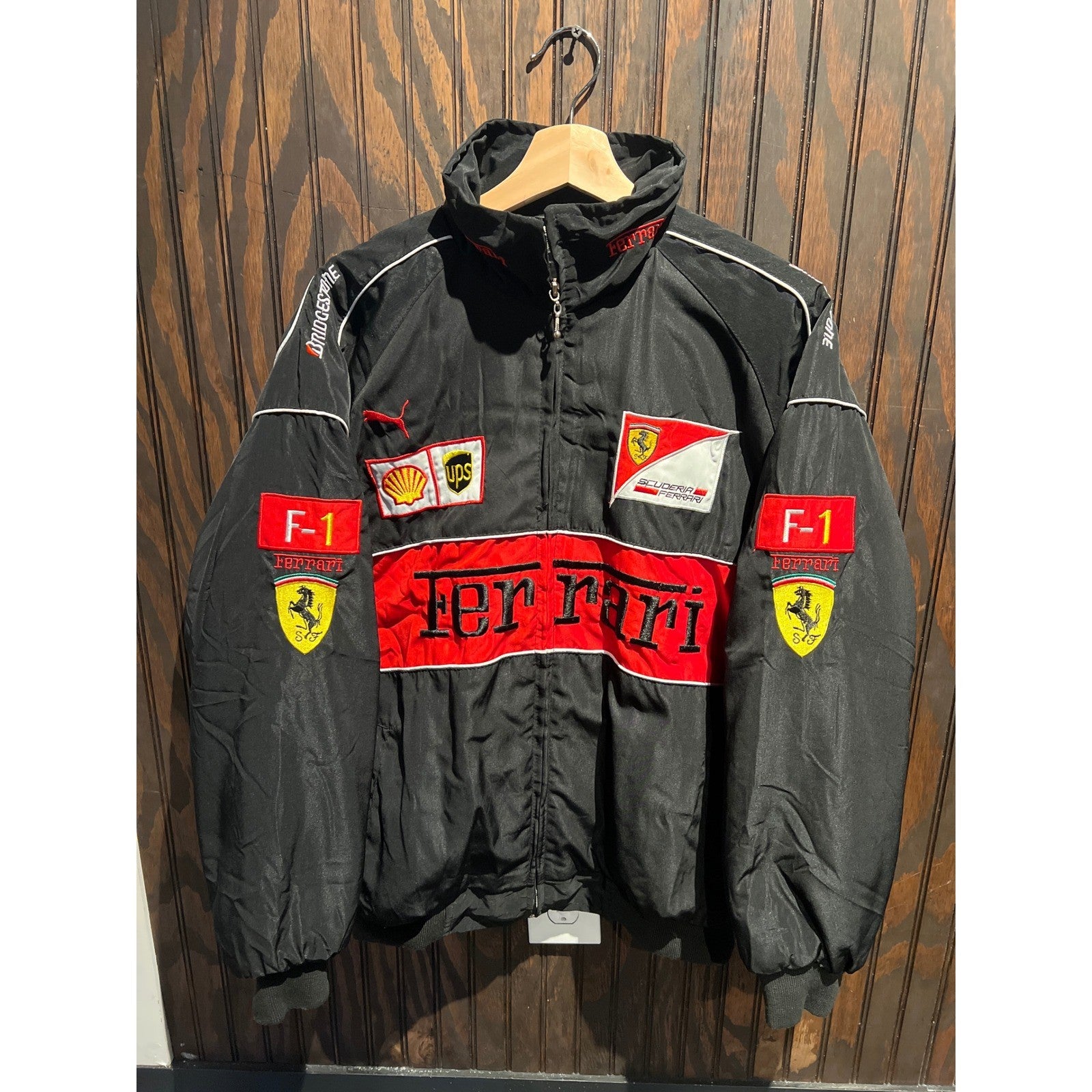 Vintage Ferrari F1 Racing Jacket Black Red Embroidered Sponsor Patches Mens L