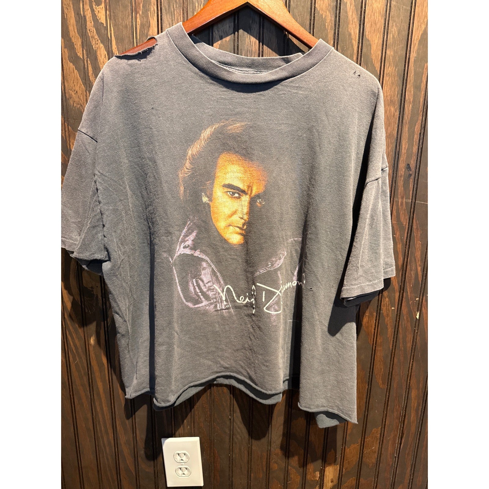 Vintage Neil Diamond Distressed Graphic T-Shirt Faded Black 90s Rock Tee L XL