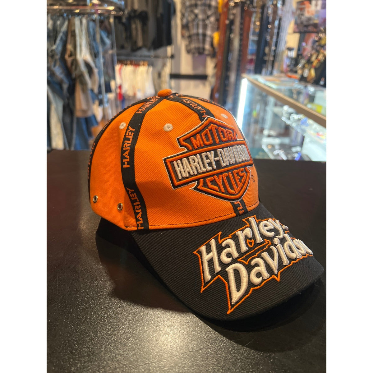 Harley-Davidson Bar & Shield Embroidered Baseball Cap Orange Black Adjustable
