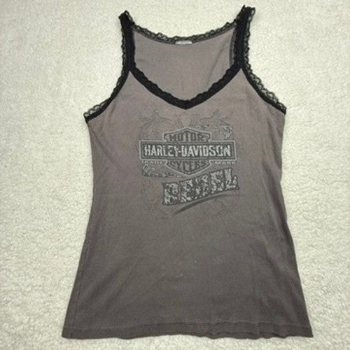 Harley Davidson Womens Gray Lace Trim Tank Top Graphic Print Sleeveless Shirt