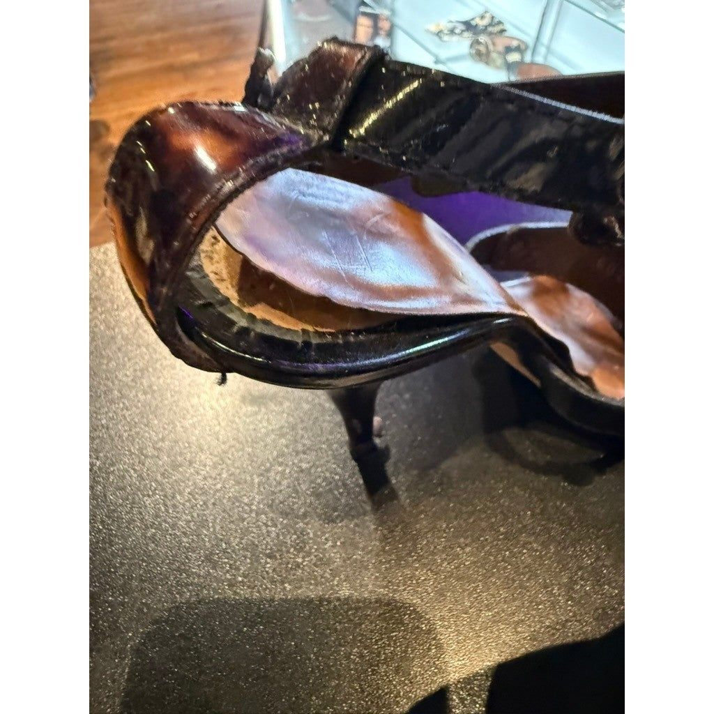 Giuseppe Zanotti Brown Tortoise Patent Leather Buckle Strappy Stiletto Heels
