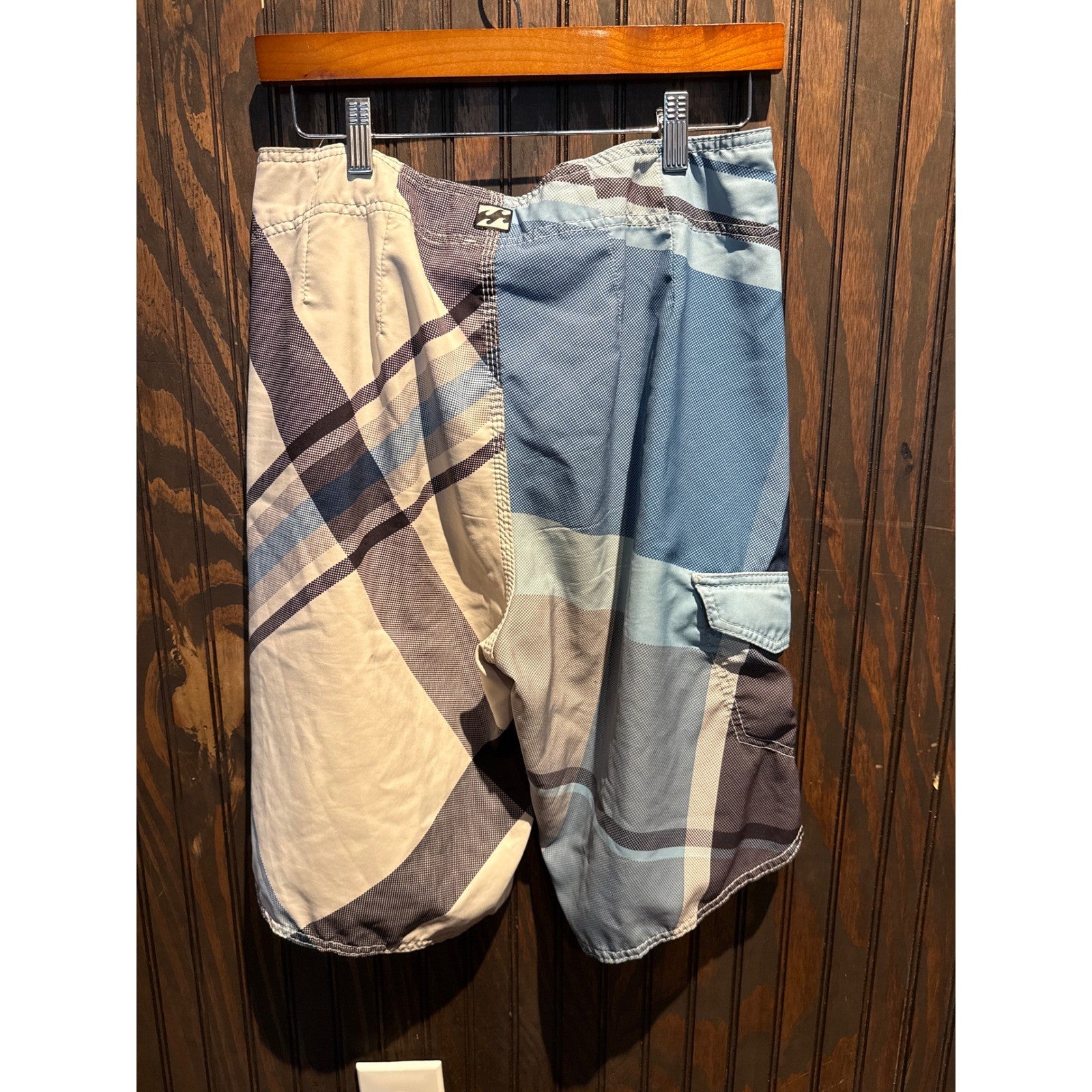 Billabong Mens Blue Plaid Board Shorts Size 32 Cargo Pocket Swim Trunks Surf