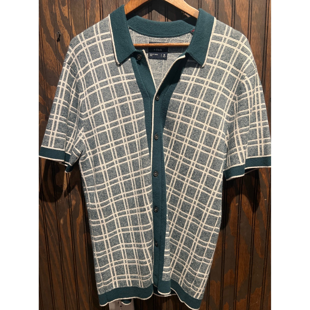Abercrombie & Fitch Mens Teal White Grid Knit Button Front Sweater Polo Shirt M