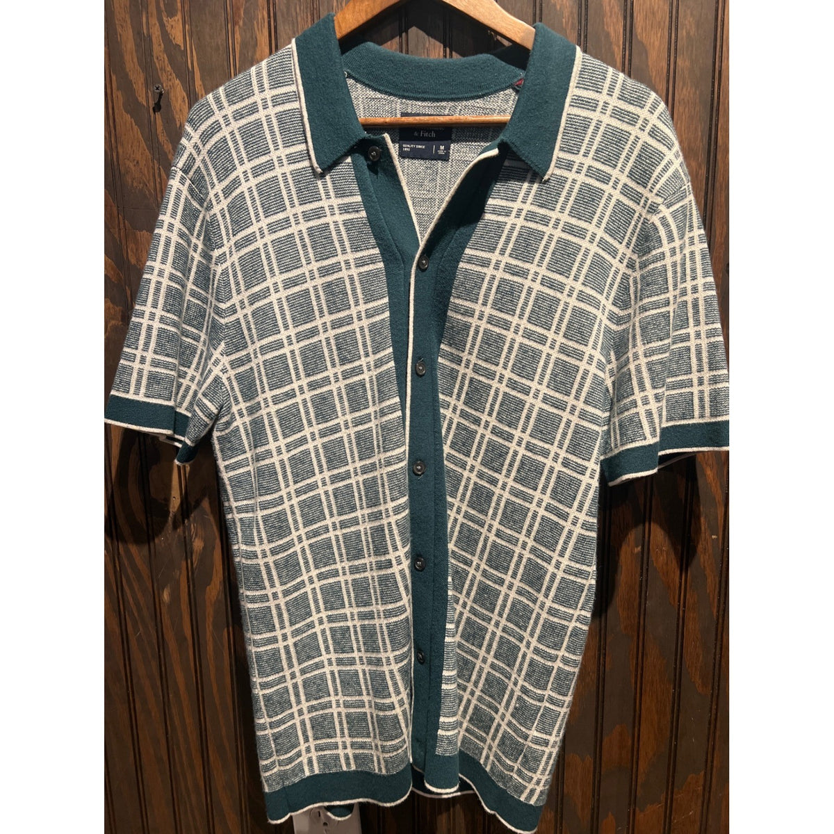 Abercrombie & Fitch Mens Teal White Grid Knit Button Front Sweater Polo Shirt M