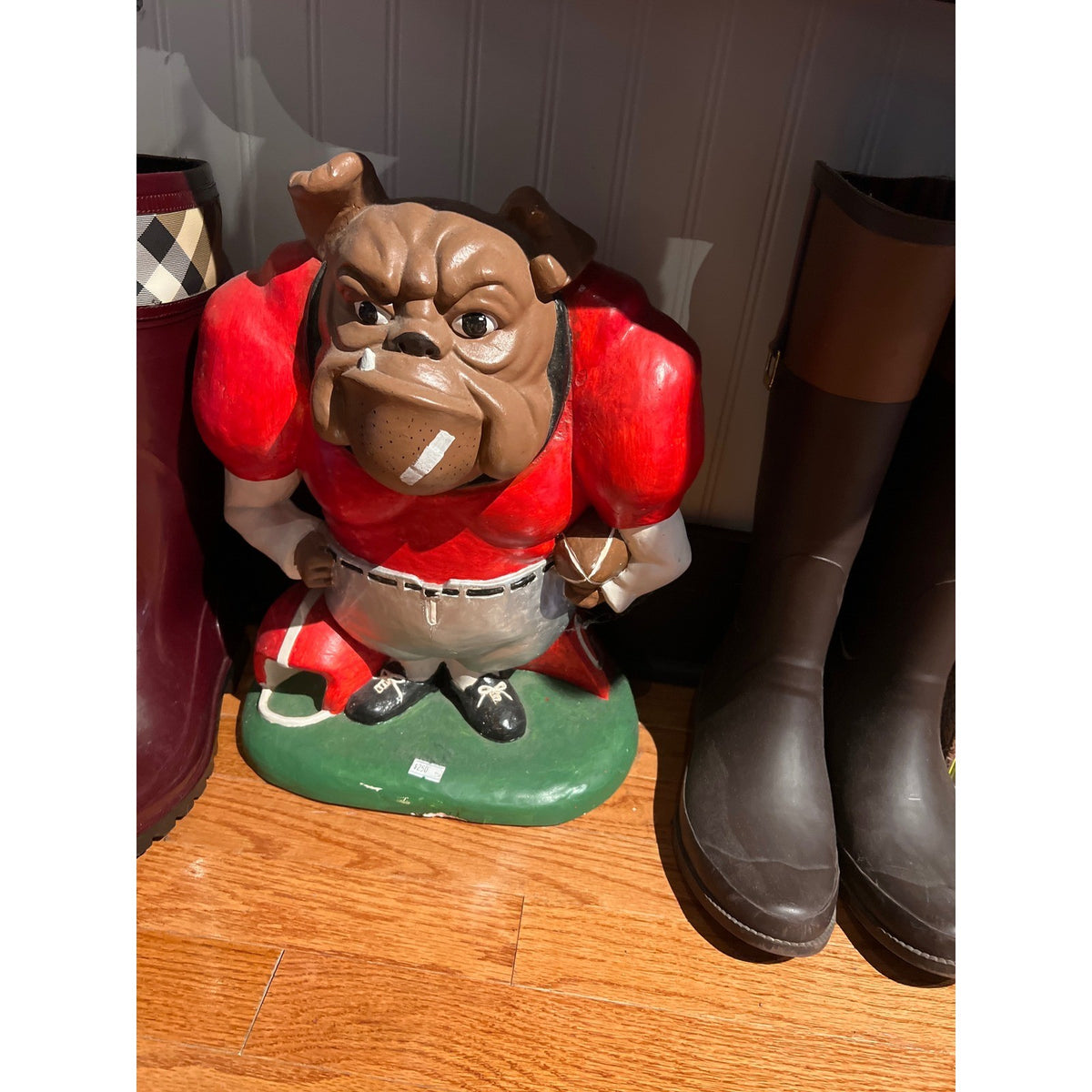 Vintage Bulldog Football Player Statue Red Jersey Mascot Sports Decor Figurine