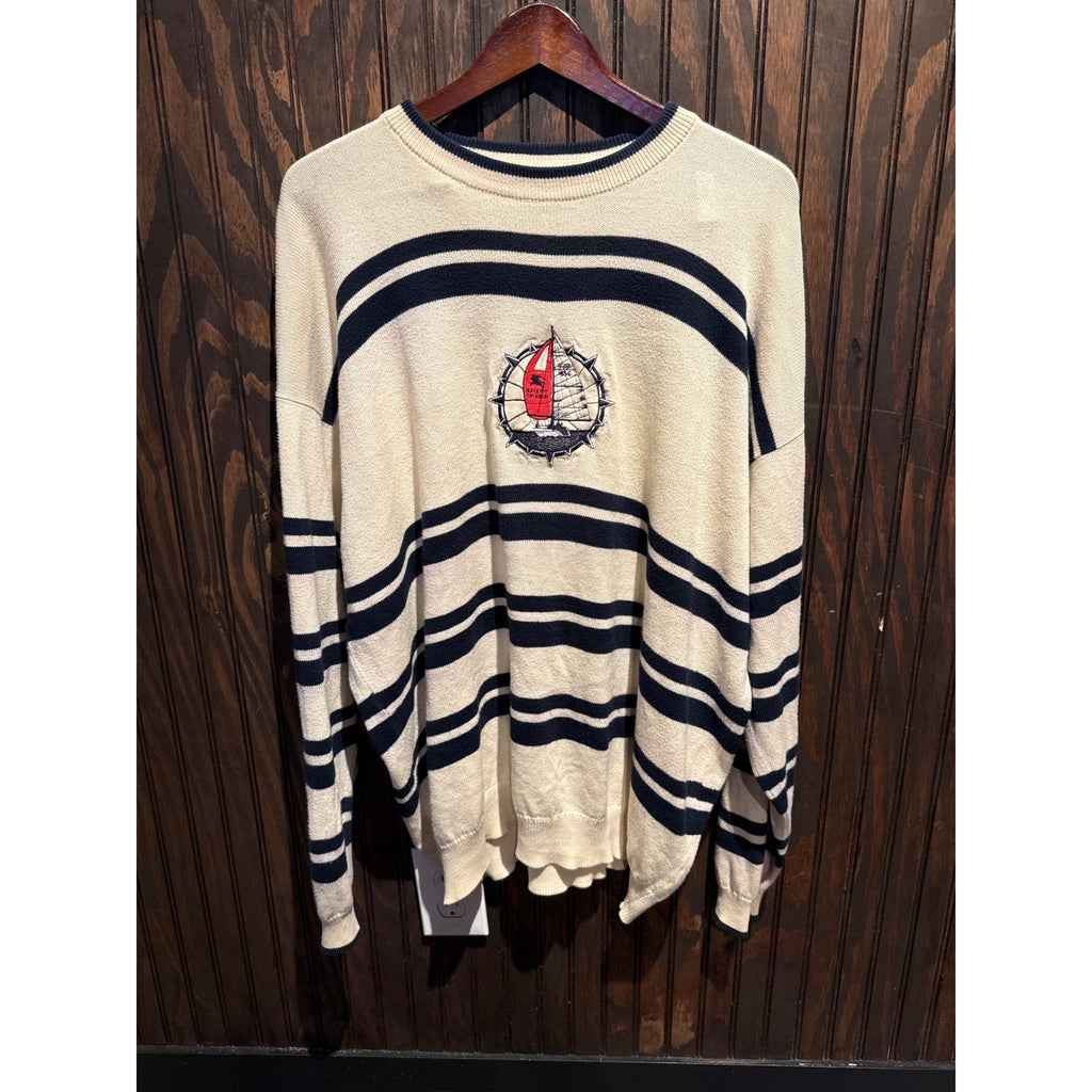 Vintage Burberry Sport Mens Nautical Sailboat Striped Knit Sweater Cream Navy