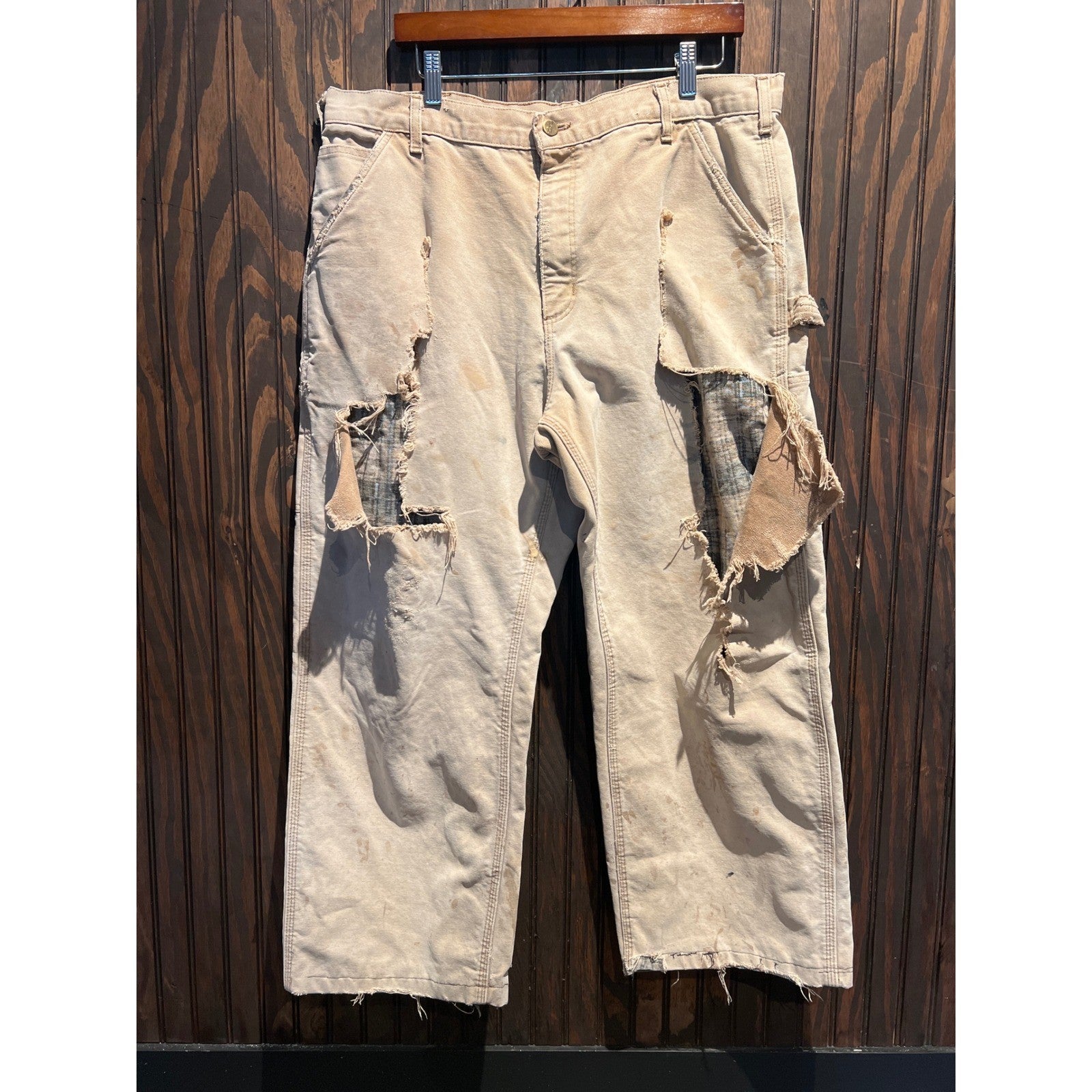 Carhartt Work Pants Distressed Destroyed Tan Beige Workwear Grunge