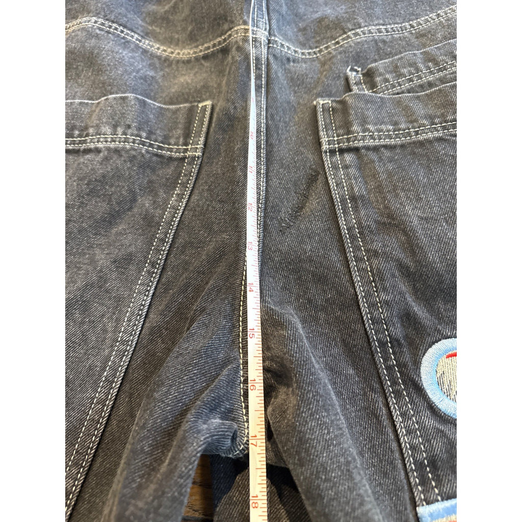 JNCO Jeans Vintage 90s Wide Leg Baggy Faded Black Denim 36x32 Embroidered Crown