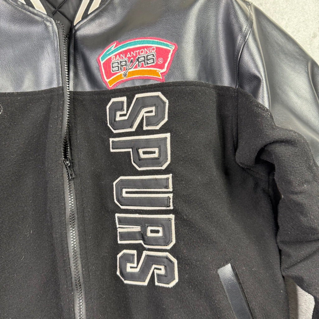 San Antonio Spurs Varsity Jacket Mens Leather Wool Black White Embroidered Logo
