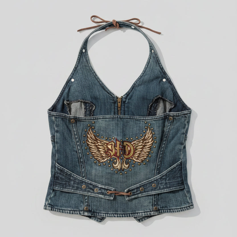 Harley Davidson Womens Blue Denim Halter Top Embroidered Winged Zip Front Small