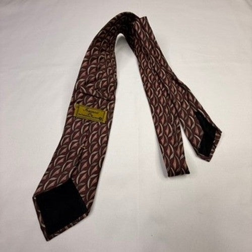 Mens Burgundy Tan Geometric Pattern Silk Necktie Made in USA