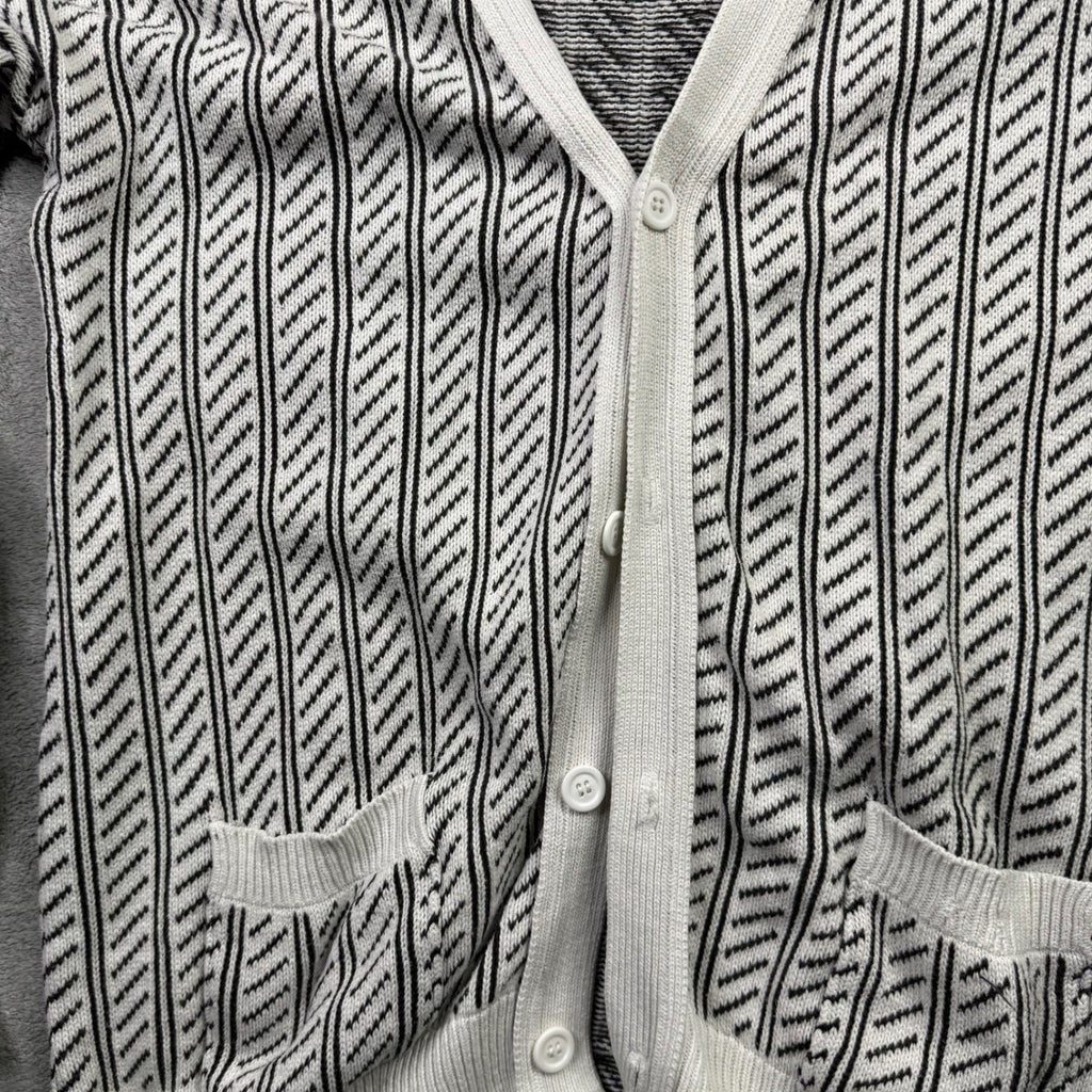 MF Staff Mens Large Cotton Cardigan Sweater Black White Stripe V Neck Pockets