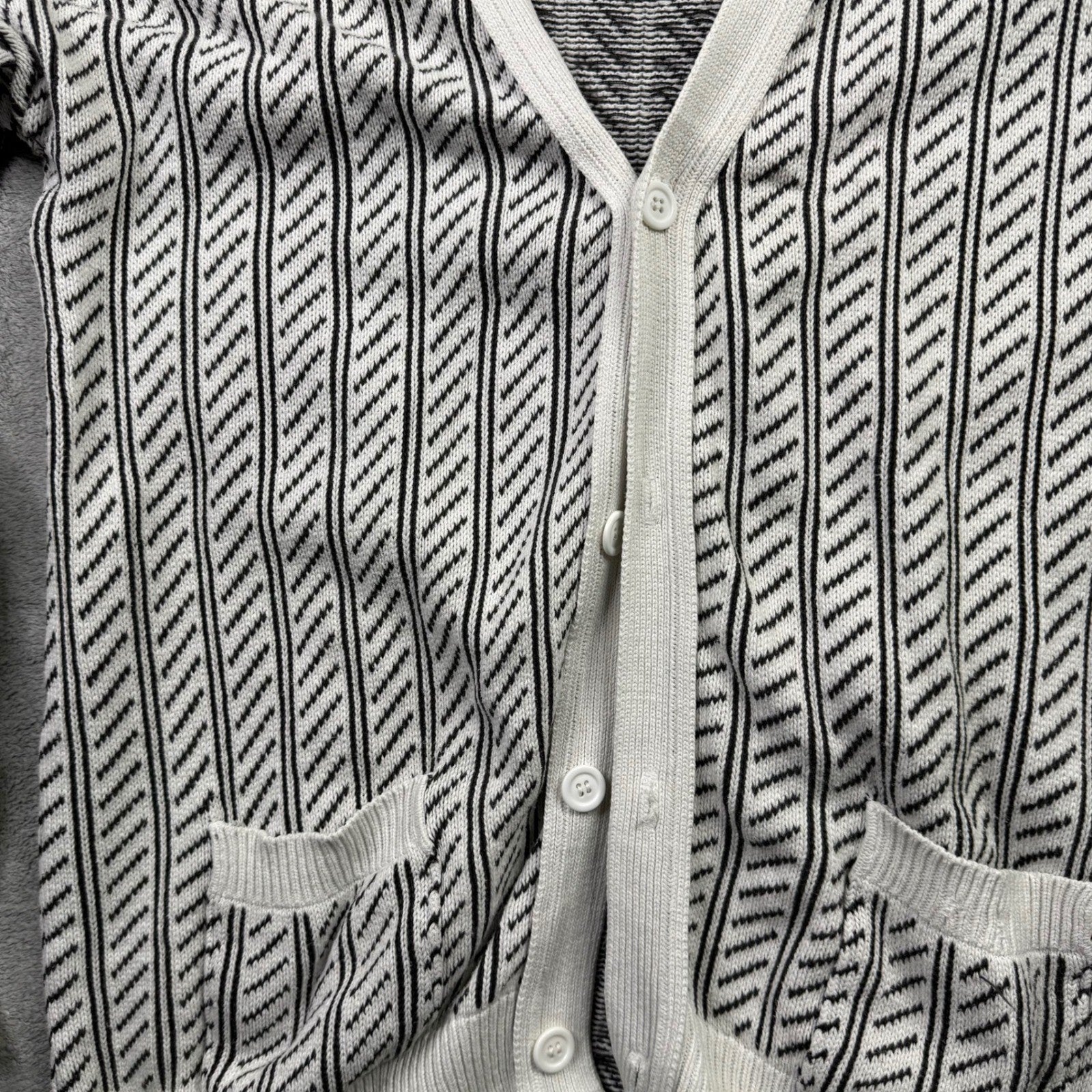 MF Staff Mens Large Cotton Cardigan Sweater Black White Stripe V Neck Pockets