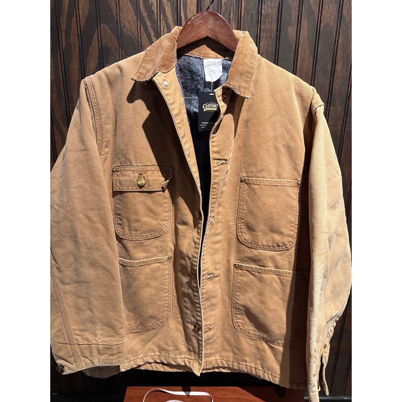 Vintage Carhartt Chore Coat Tan Duck Canvas Blanket Lined Corduroy Collar Mens