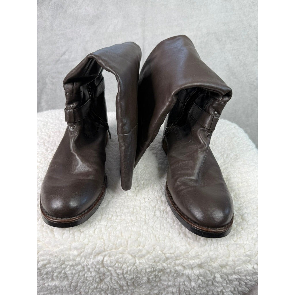 Vince Camuto Brown Leather Slouchy Knee High Boots Buckle Detail Side Zip