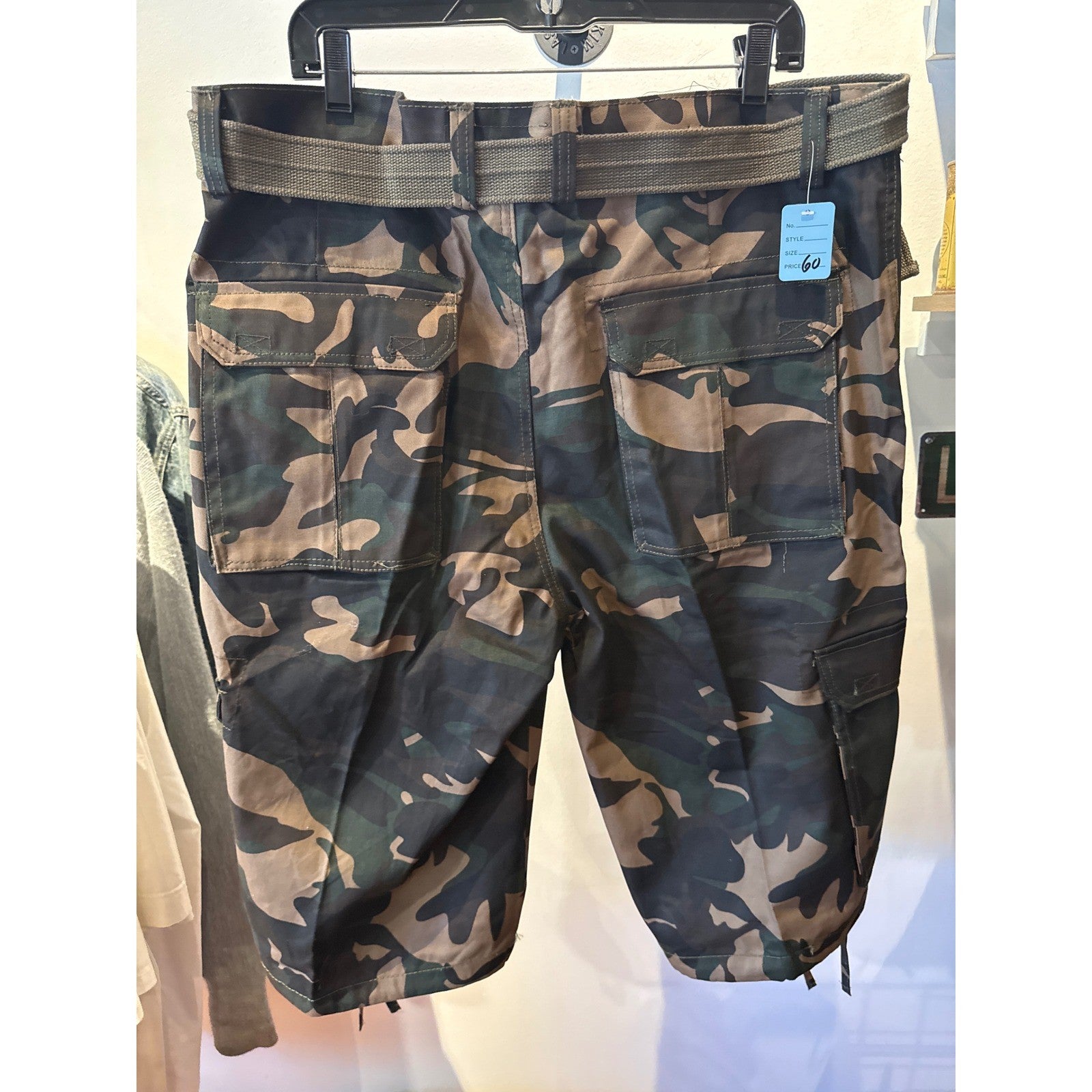 Mens Camouflage Cargo Shorts with Web Belt Woodland Camo Tactical Utility Shorts