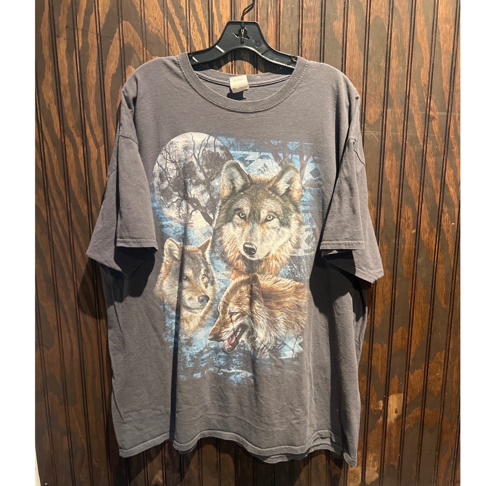 Gildan Wolf Graphic T-Shirt Mens XL Gray Nature Moon Forest Short Sleeve Tee