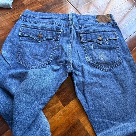 True Religion Mens Straight Leg Distressed Blue Denim Jeans Medium Wash 40