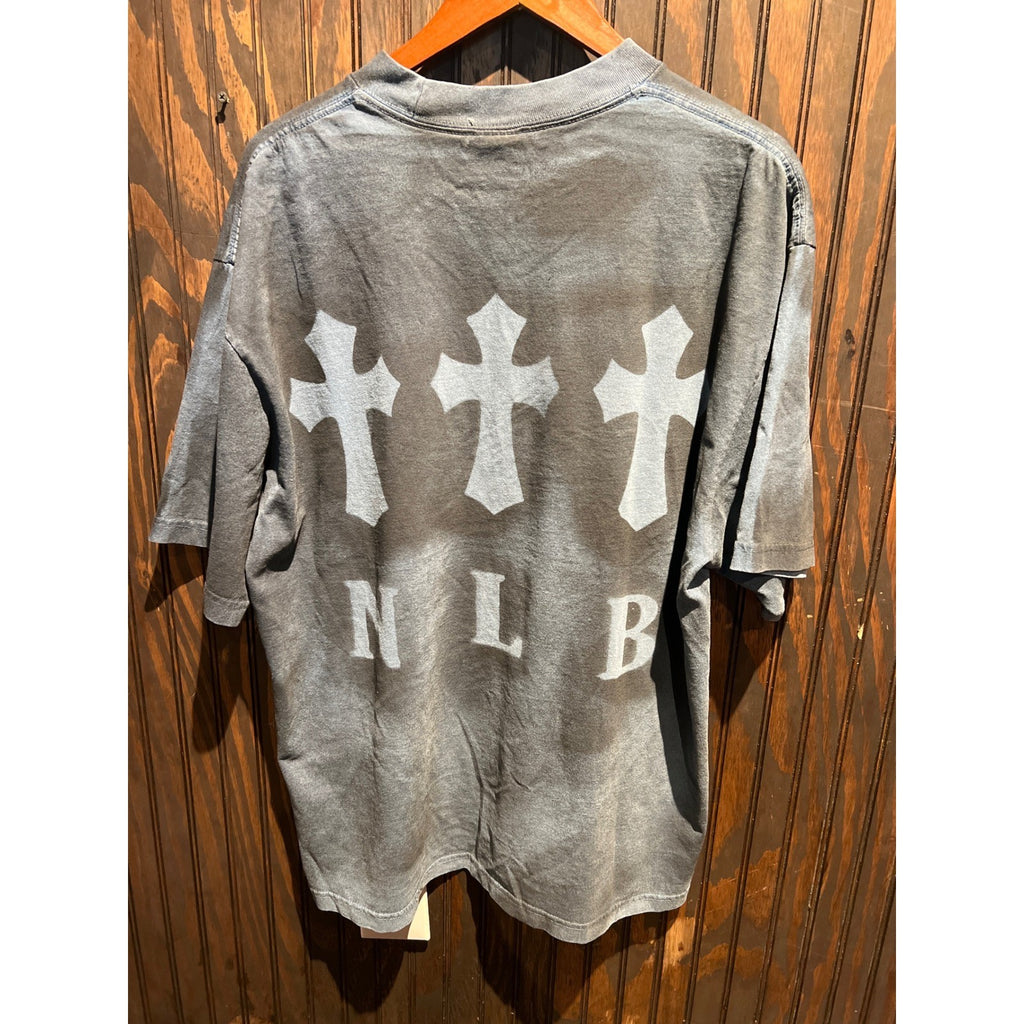 NLB Streetwear Acid Wash Oversized Graphic Tee Charcoal Grey Gothic Cross Shirt