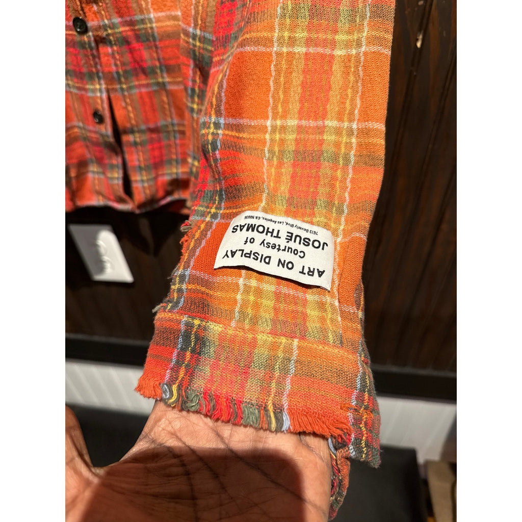 Gallery Dept Distressed Flannel Shirt Orange Red Plaid Button Down Mens Large