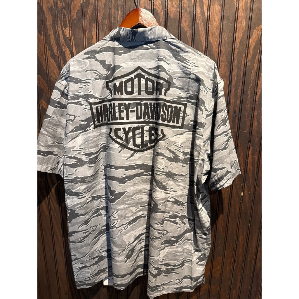 Harley-Davidson Mens Grey Tiger Stripe Camo Short Sleeve Button Up Camp Shirt XL