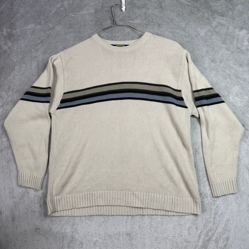 White Out Mens Large Crewneck Sweater Beige Stripe Long Sleeve Acrylic Knit
