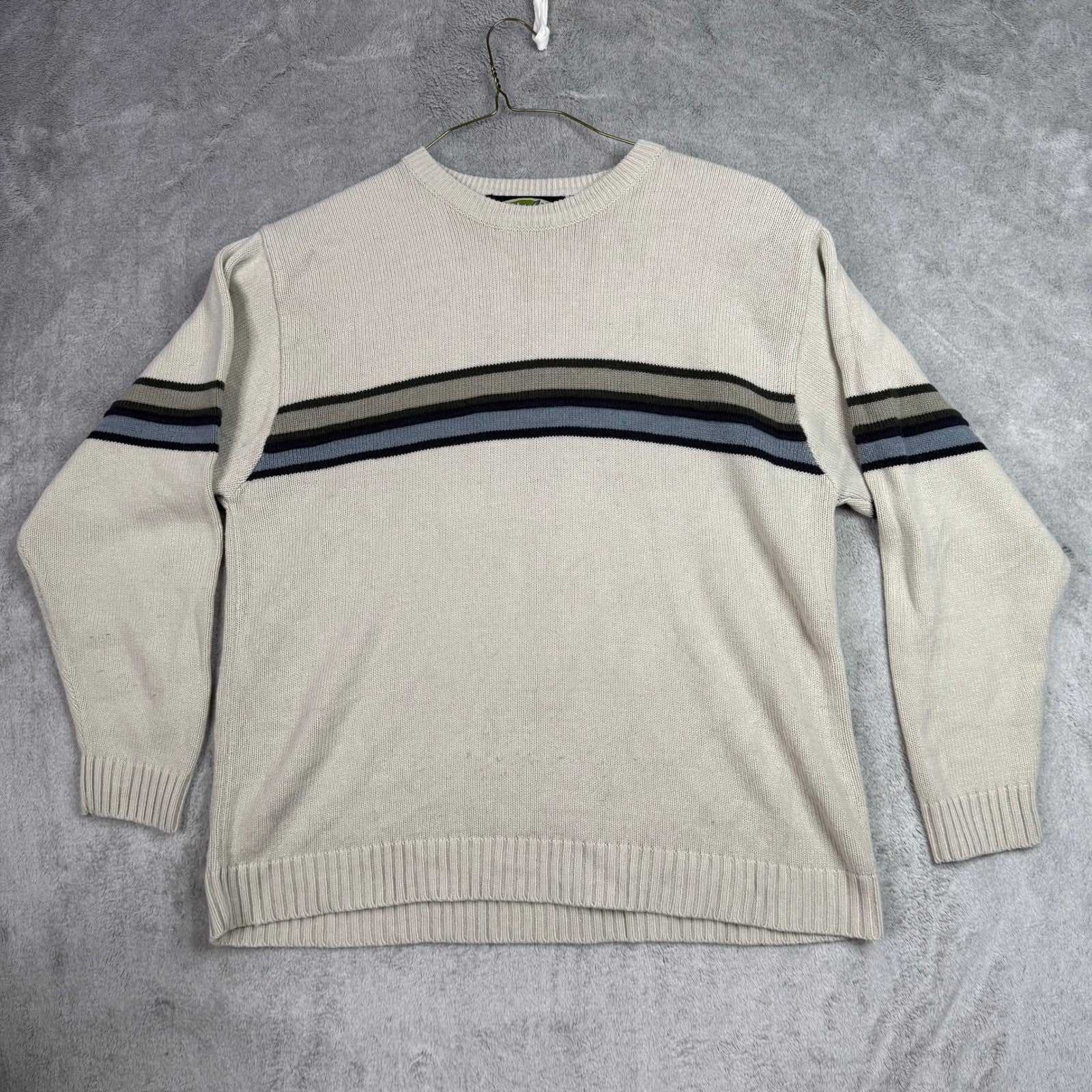 White Out Mens Large Crewneck Sweater Beige Stripe Long Sleeve Acrylic Knit