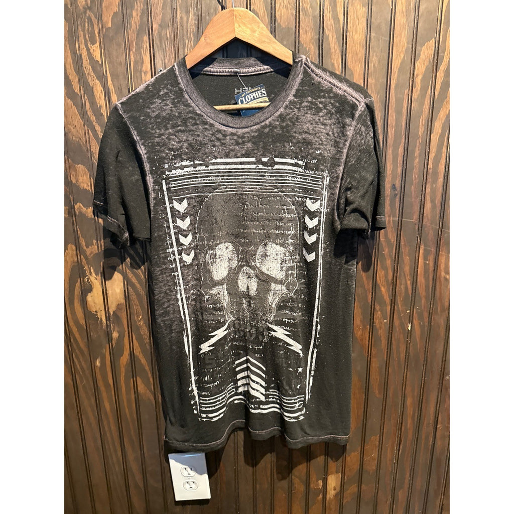 HTH My Favorite Clothes Mens Skull Graphic T-Shirt Faded Black Burnout Tee L