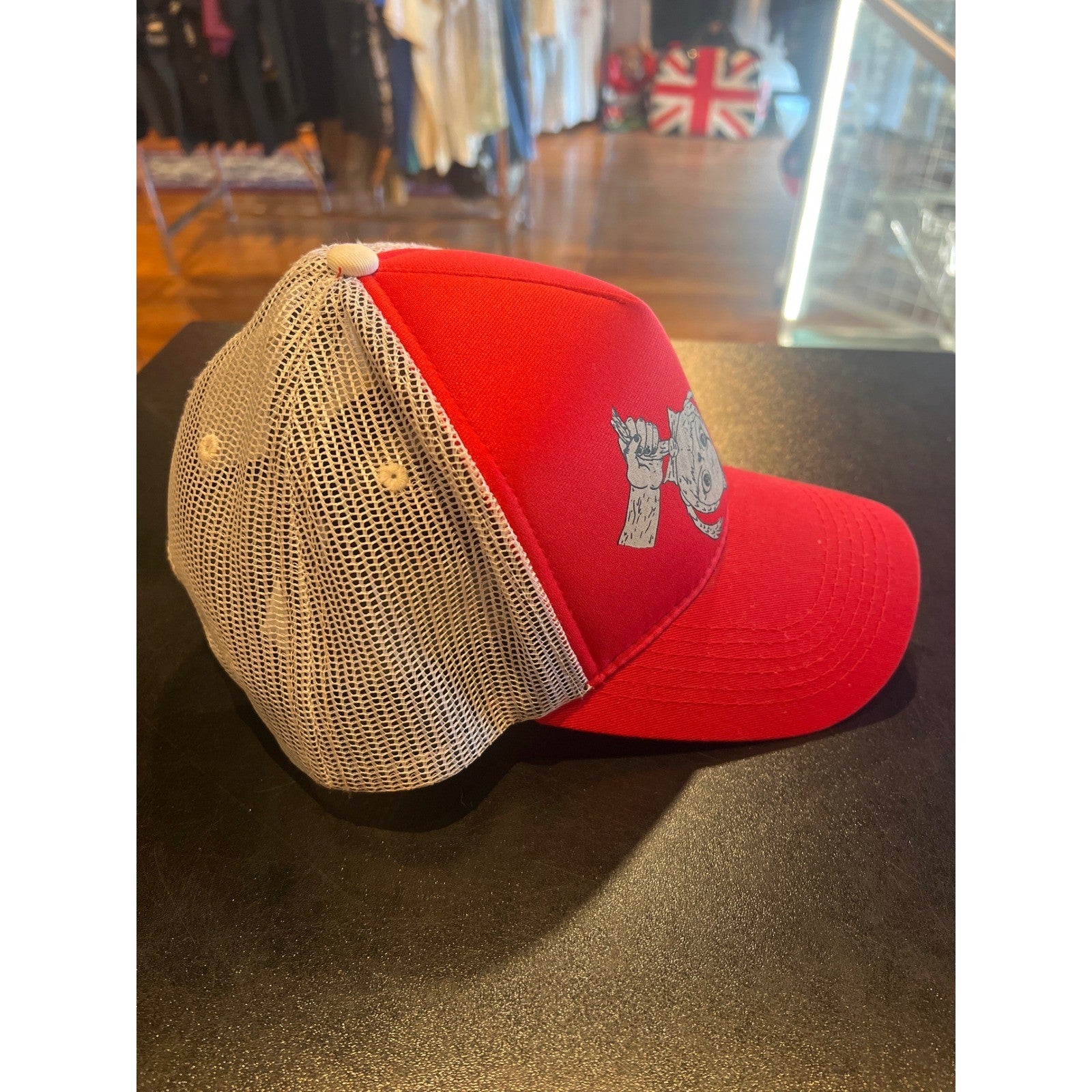 Red Anime Graphic Trucker Hat White Mesh Snapback Edgy Streetwear Cap