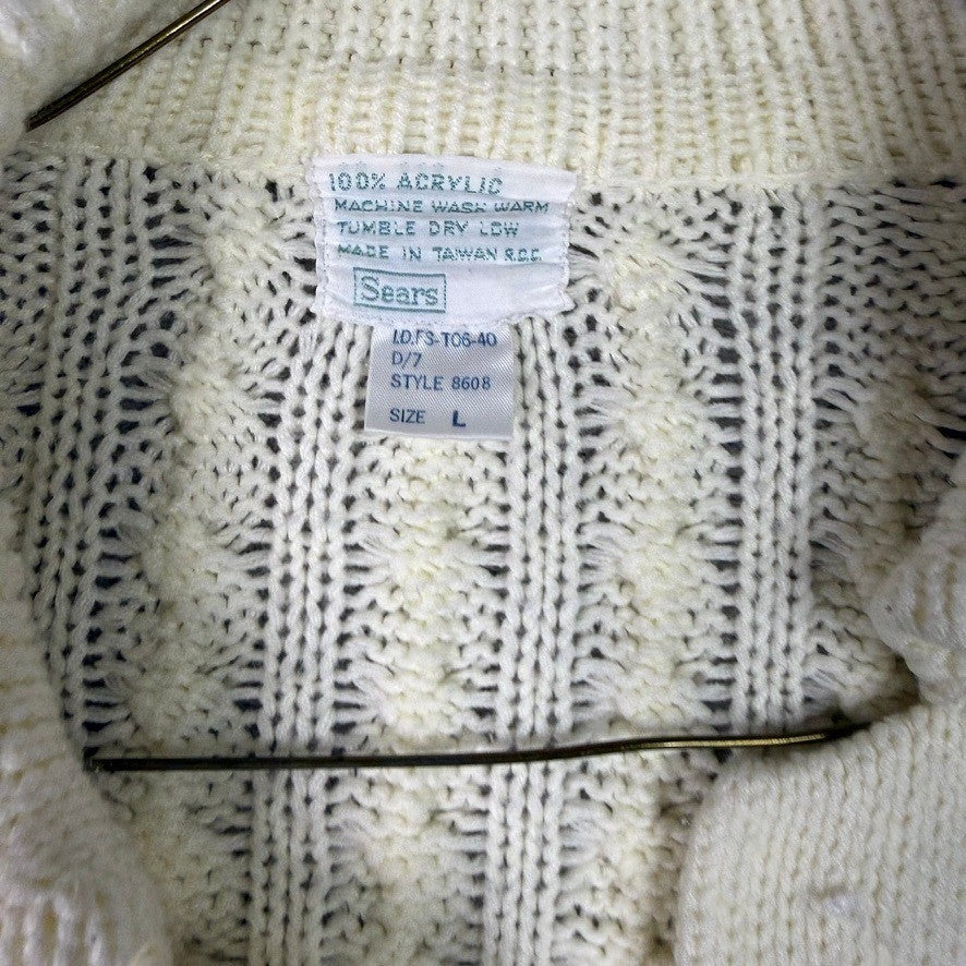 Sears Cream Cable Knit Button Front Cardigan Sweater Style 8608 Size L