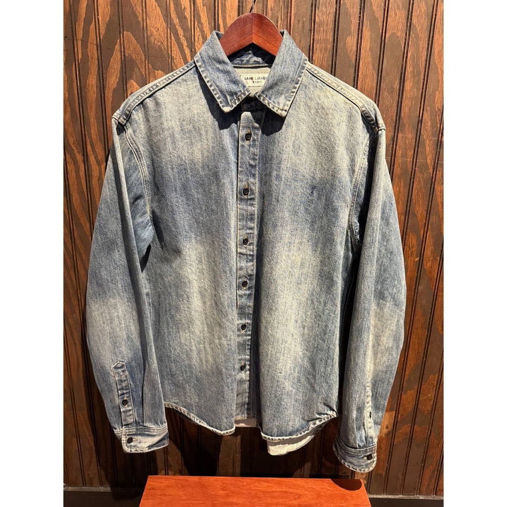 Saint Laurent Paris Mens Light Wash Denim Button Down Shirt YSL Monogram 21x28