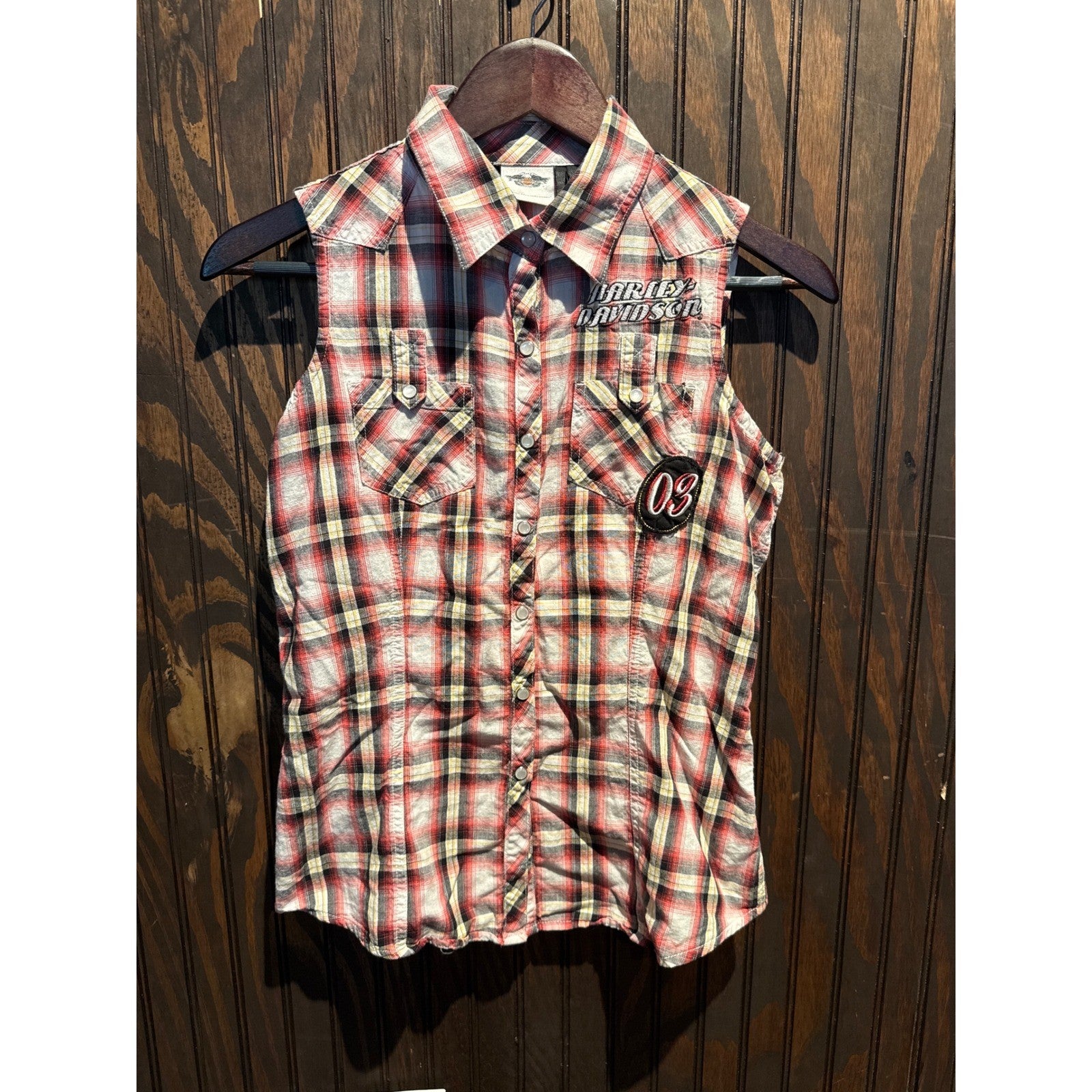 Harley Davidson Sleeveless Plaid Shirt Red Eagle Graphic Biker Button Up Mens M