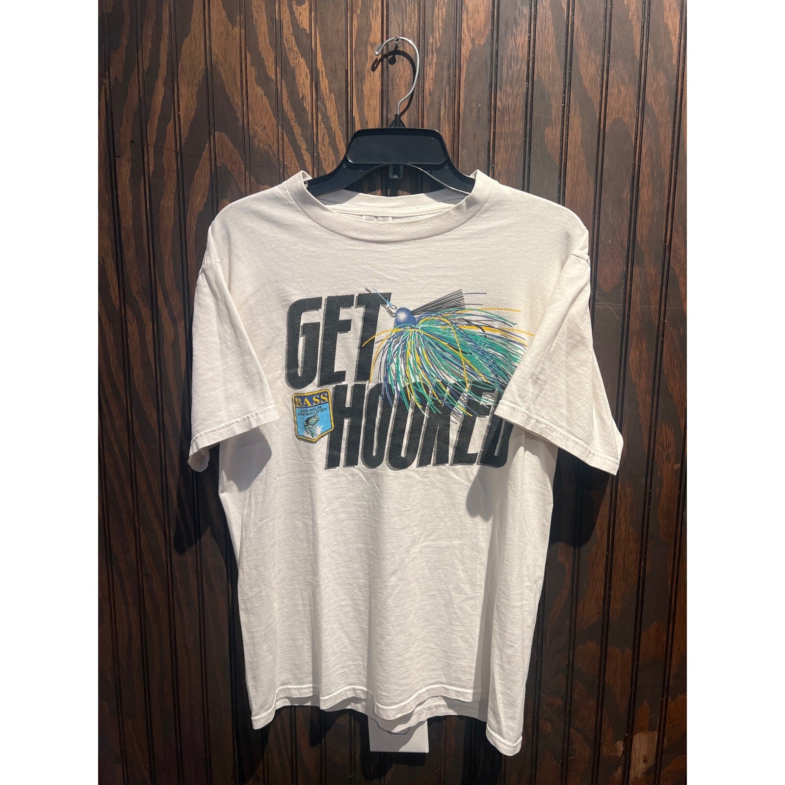 Vintage B.A.S.S. Get Hooked Fishing T-Shirt White Mens Single Stitch 90s Large