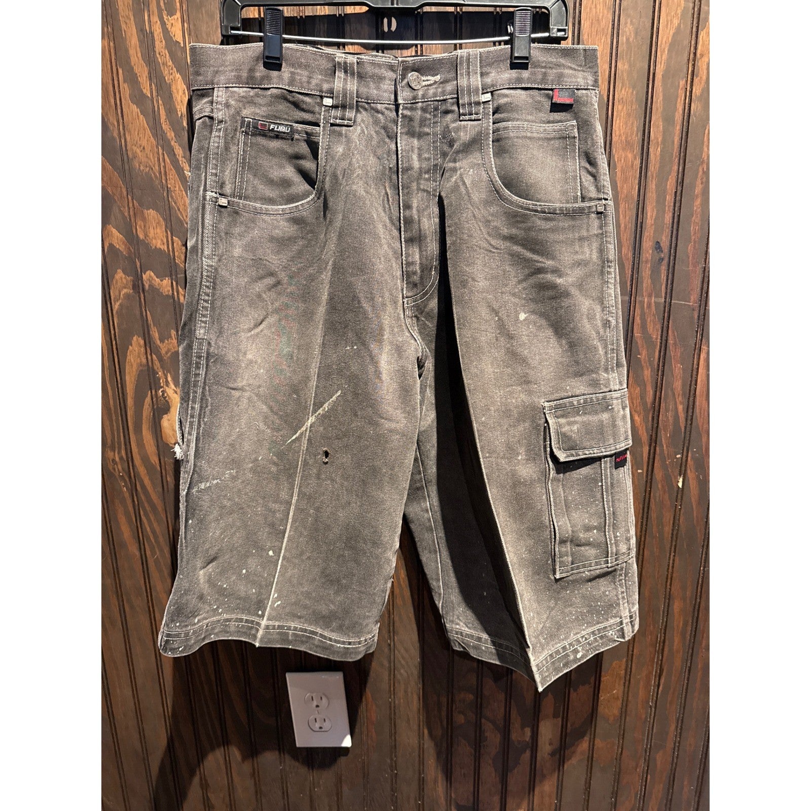 FUBU Mens Vintage Baggy Carpenter Denim Shorts Faded Cargo 32x14 Distressed