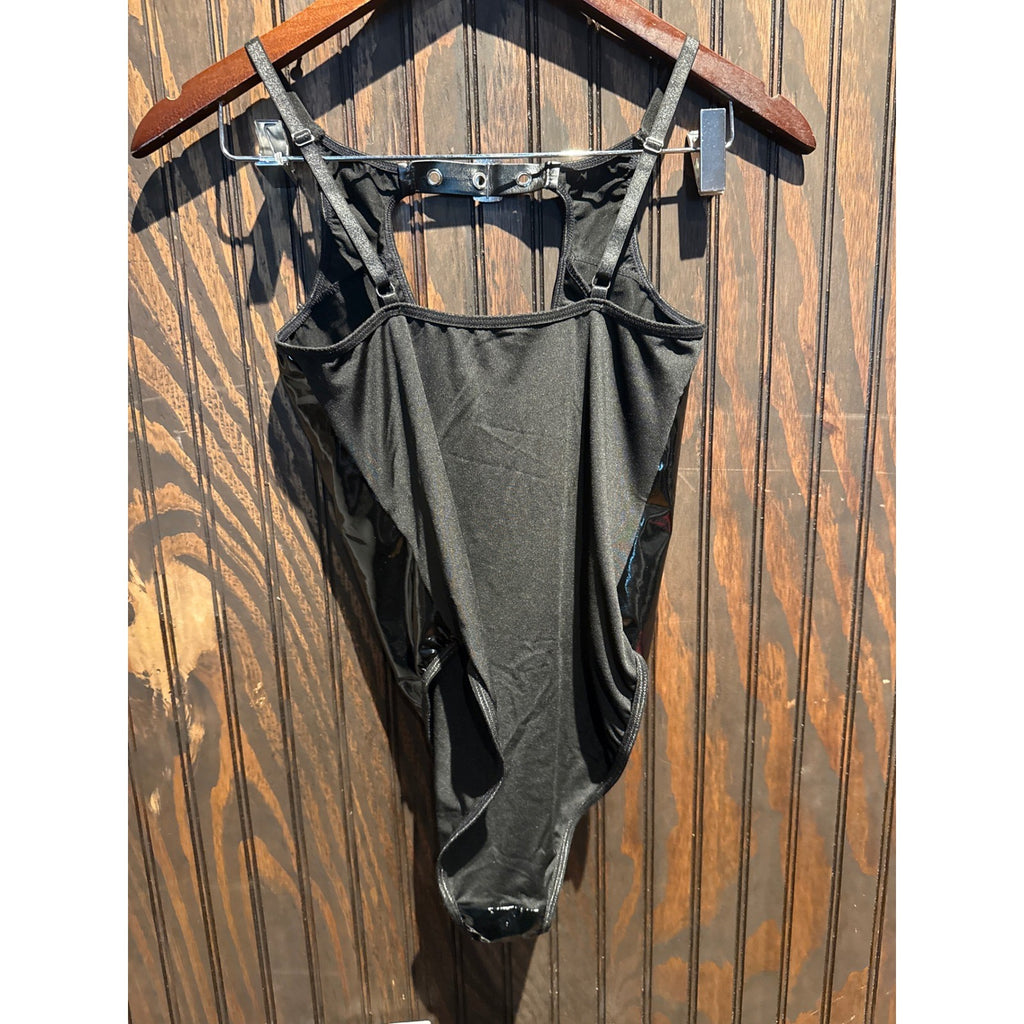 Black Faux Leather Buckle Bodysuit High Cut Patent PVC Clubwear Festival Top