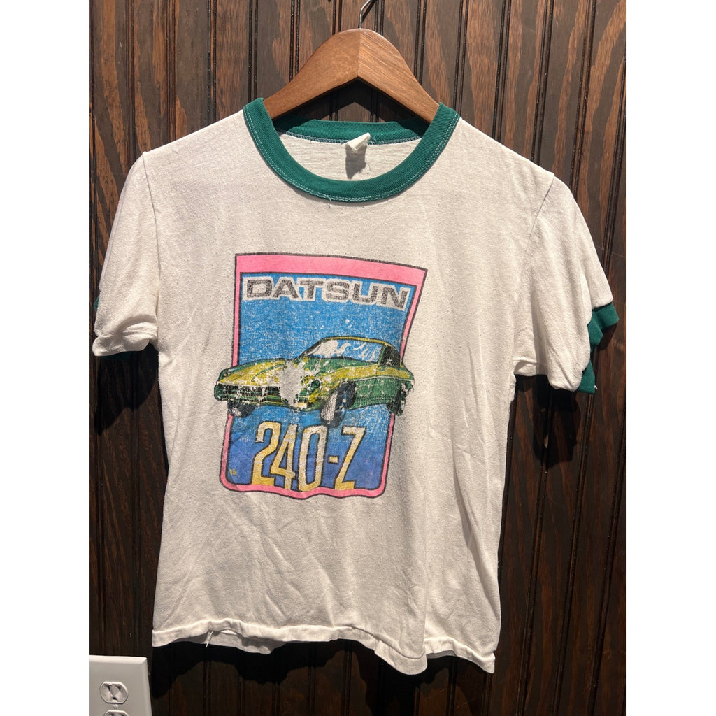 Vintage Datsun 240-Z Ringer T-Shirt White Green Distressed Automotive Graphic