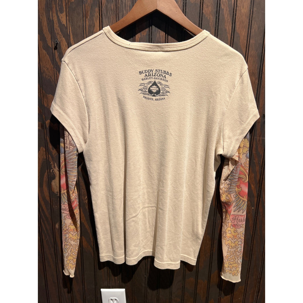 Harley-Davidson Womens Cream Mesh Tattoo Sleeve Winged Heart Graphic Tee L
