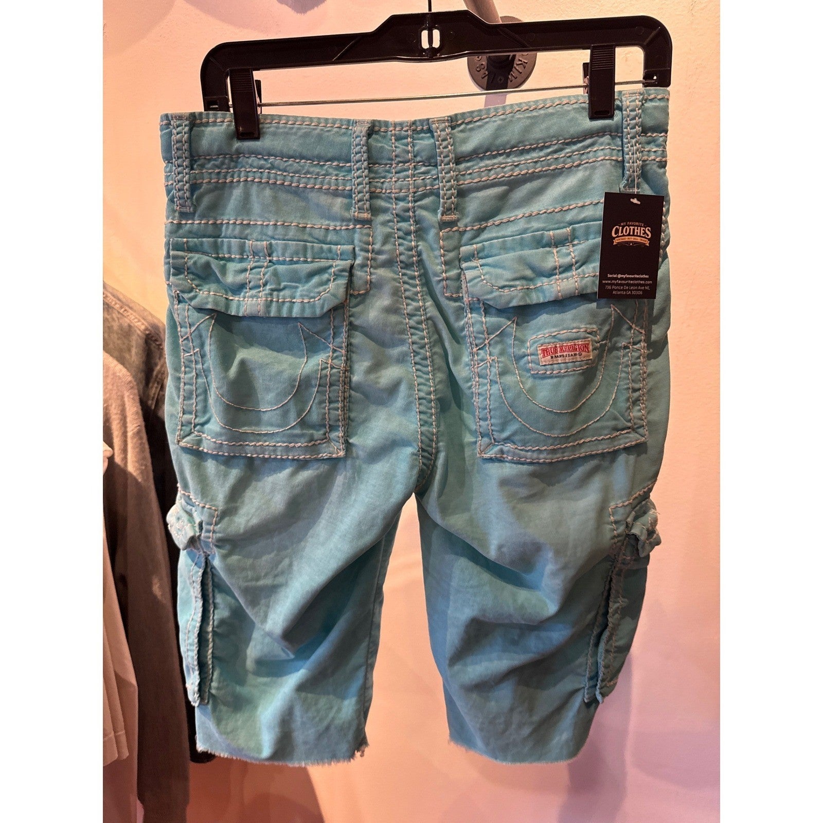 True Religion Ricky Super T Turquoise Blue Cargo Shorts Mens 30 Contrast Stitch