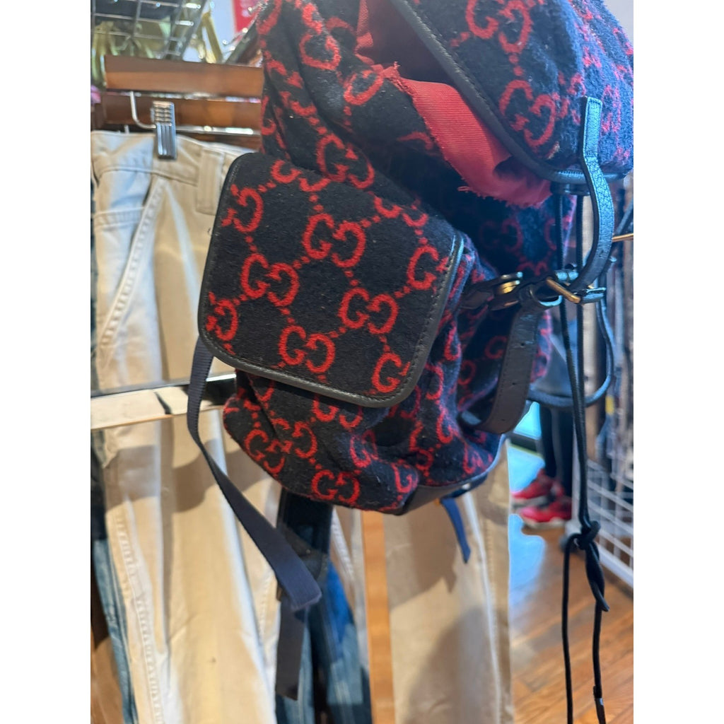 Gucci GG Monogram Wool Leather Backpack Navy Blue Red Large Rucksack Italy