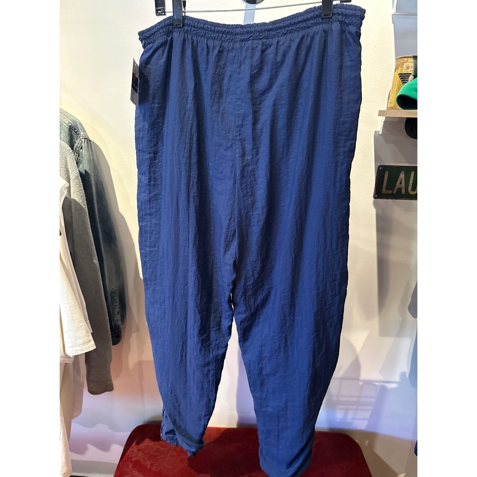 Mens Blue Crinkle Nylon Track Pants Elastic Waist Retro Athletic Joggers