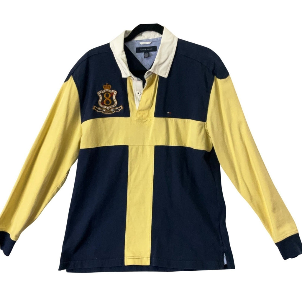 Tommy Hilfiger Rugby Shirt Yellow Navy Long Sleeve Crest Logo Men's Size M